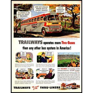 1951 Trailways Bus Lines Thru-Liner Buses Vintage Print Ad Farm Barn Wall Art